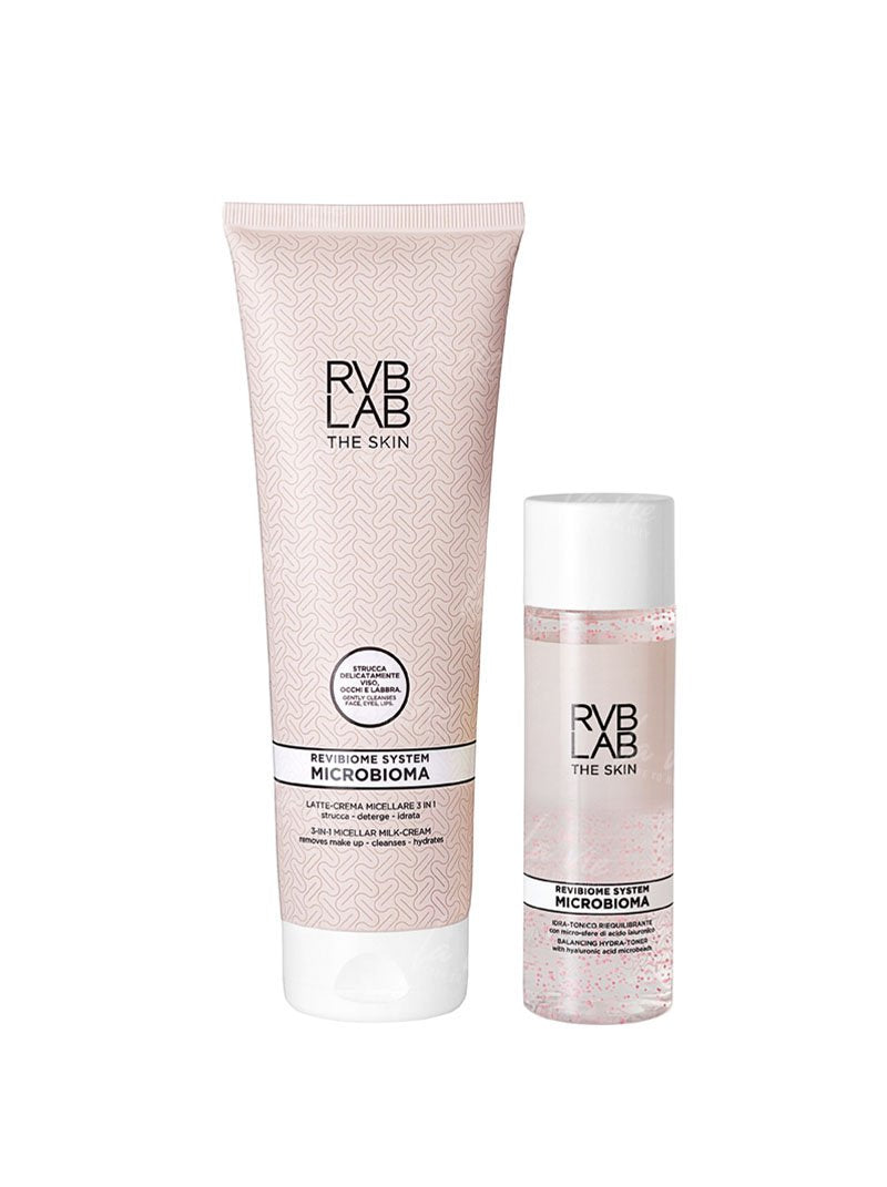 RVB LAB The Skin - Microbioma Cleansing Kit Oczyszczanie Zestaw - Kremowe mleczko 3w1 do demakijażu + Tonik z perełkami kwasu hialuronowego 250 ml + 200 ml