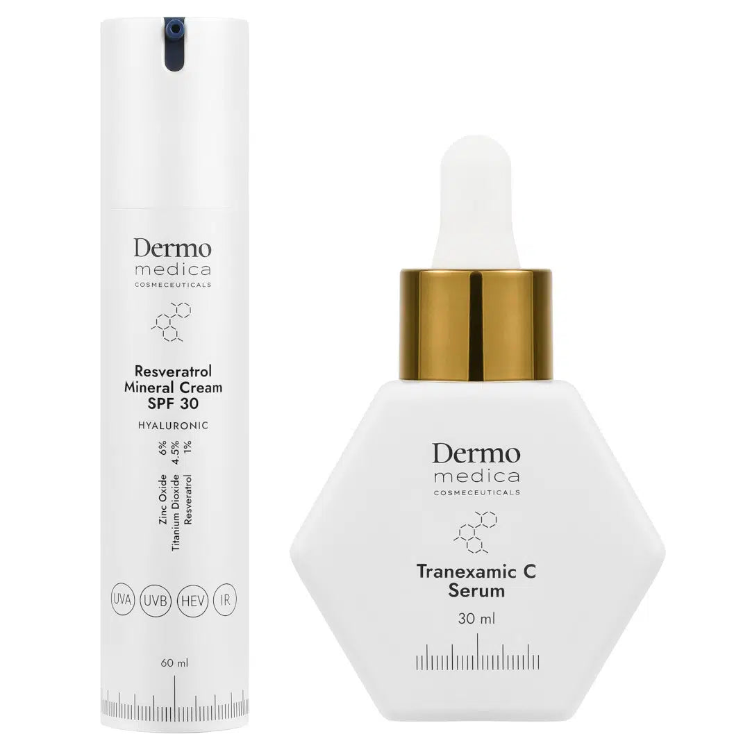 Dermomedica Dermomedica - Tranexamic C serum + Resveratrol Mineral Cream Zestaw na przebarwienia Przeciwstarzeniowy krem z resweratrolem i filtrem 60 ml oraz Serum depigmentacyjne i przeciwstarzeniowe 30 ml