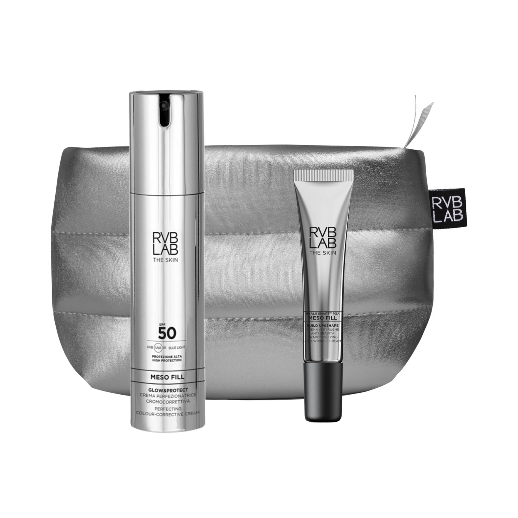 RVB LAB The Skin RVB LAB The Skin - Meso Fill Kit Protect Liftingujący krem na przebarwienia SPF 50 50 ml & Krem przeciwzmarszczkowy antygrawitacyjny 20 ml + kosmetyczka