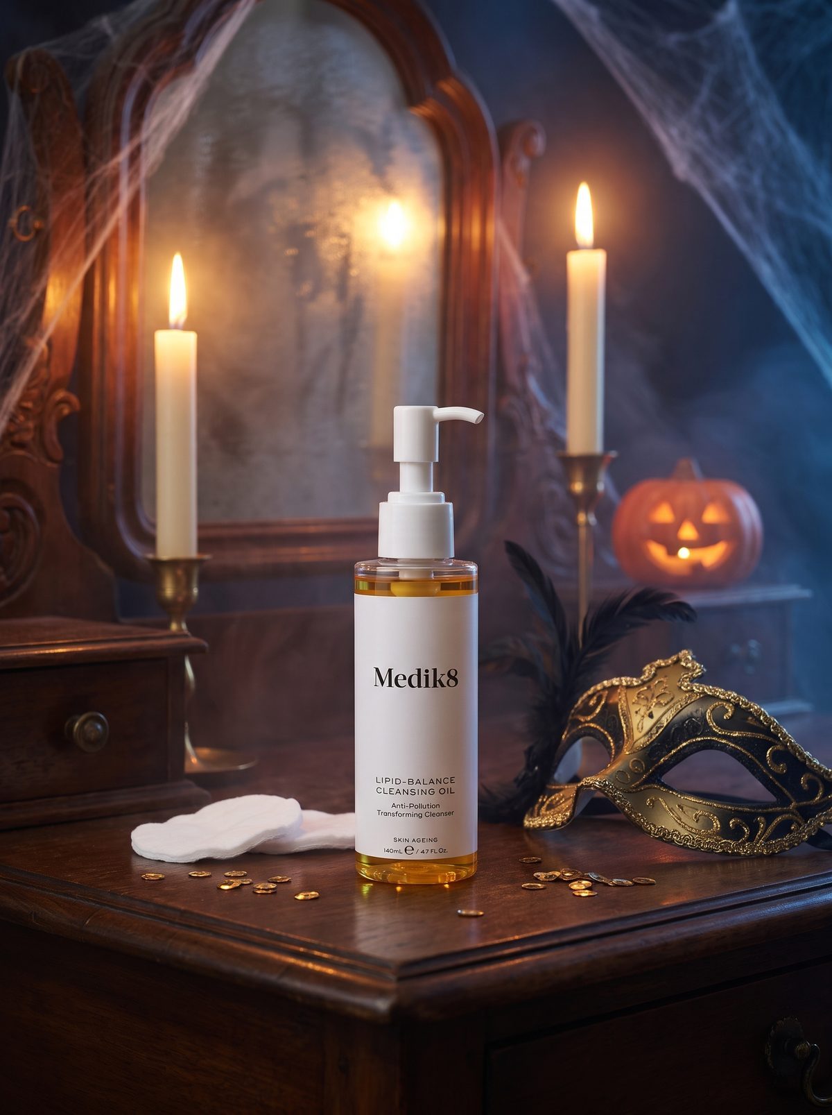 Medik8 Lipid-Balance Cleansing Oil na toaletce obok maski balowej i świec
